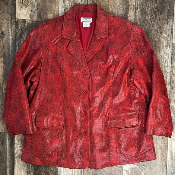 Vintage Y2K Red Genuine Leather Snakeskin Print Blazer Jacket Plus Size 3X - Picture 3 of 10